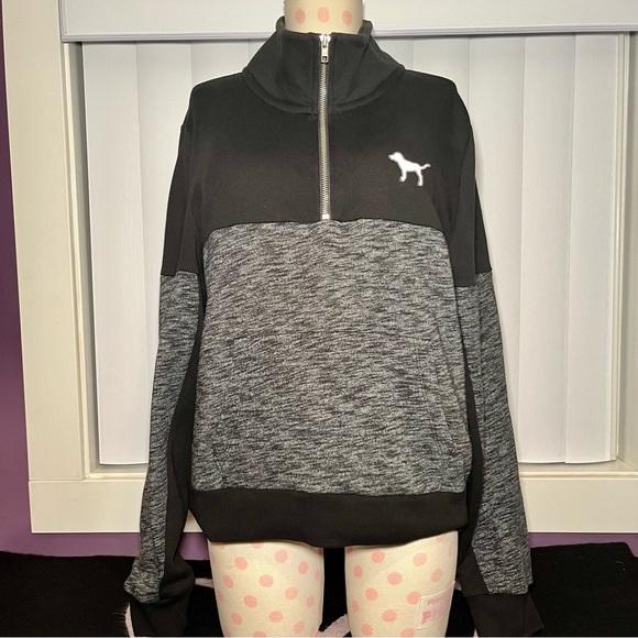 PINK Victoria's Secret Tops - PINK Victoria's Secret 1/4 Zip Pullover Sweatshirt Black Gray Size Medium